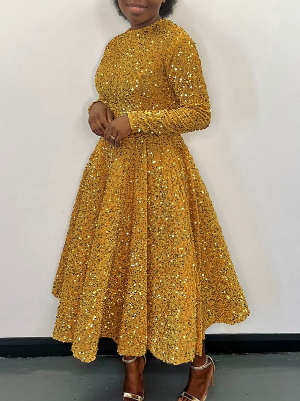 A-line High Waisted Sequined Split-joint Zipper Round-neck Maxi Dresses