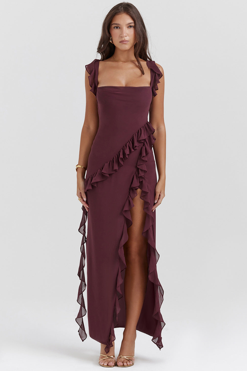 复制cherry Ruffle Maxi Dress-coffer