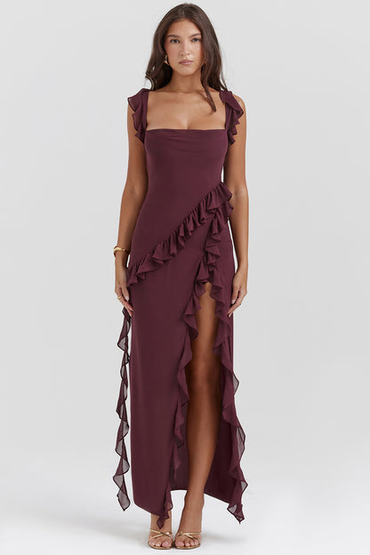 复制cherry Ruffle Maxi Dress-coffer