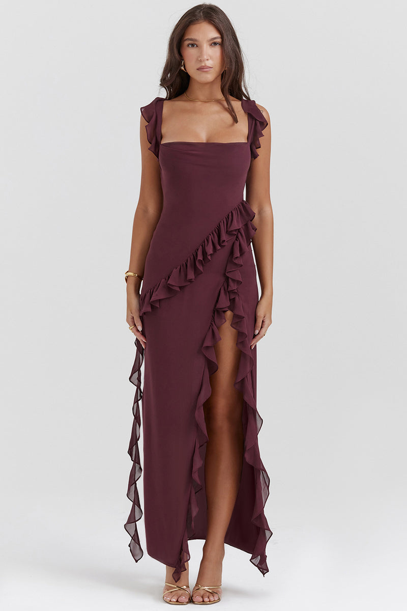 复制cherry Ruffle Maxi Dress-coffer