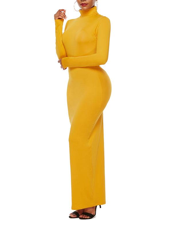 Bodycon Long Sleeves Color High Neck Maxi Dresses