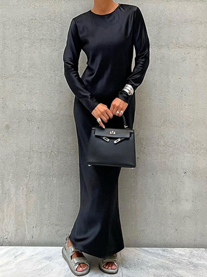 Loose Long Sleeves Color Round-neck Maxi Dresses