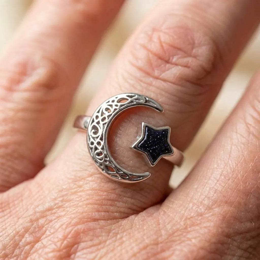 Vintage Adjustable Silver Moon And Star Ring