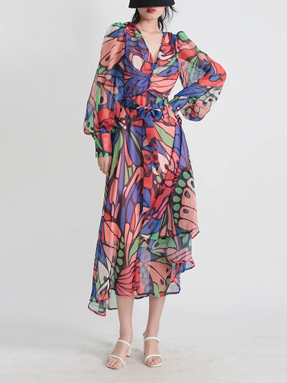 High Waisted Long Sleeves Buttoned Printed Split-joint V-neck Midi Dresses