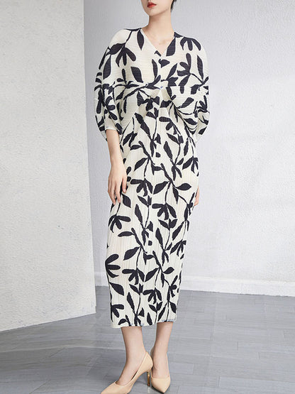 Urban Loose Batwing Sleeves Printed Pleated V-neck Midi Dresses