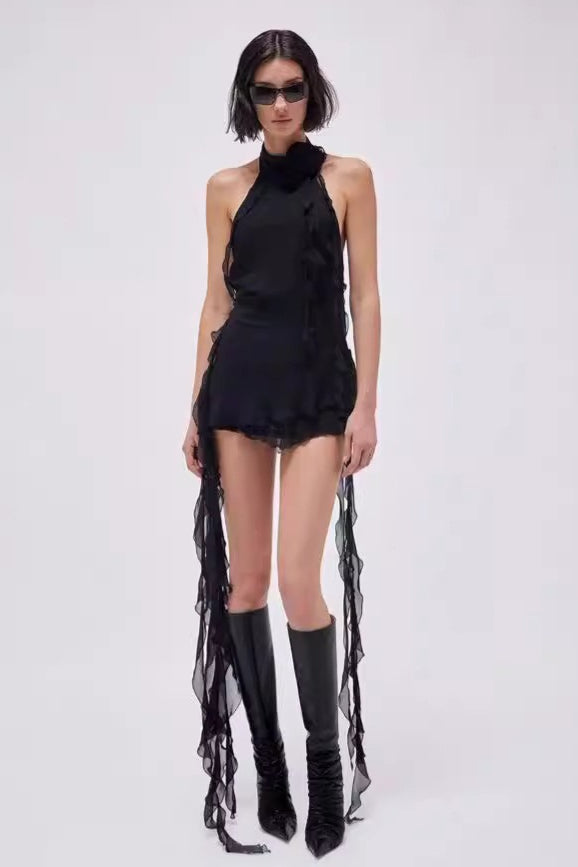 Asymmetric Rose Halter Mini Dress