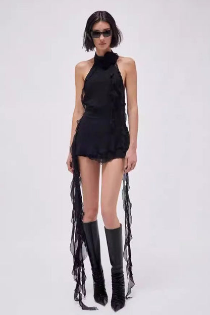 Asymmetric Rose Halter Mini Dress