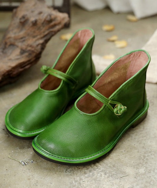 Comfortable Green Flat Feet Shoes Cowhide Leather Upper Buckle Strap Flat Shoes