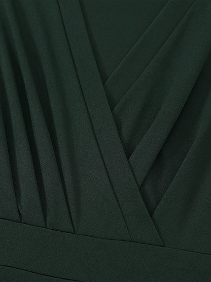 A-line Long Sleeves Gauze Pleated Split-joint V-neck Midi Dresses