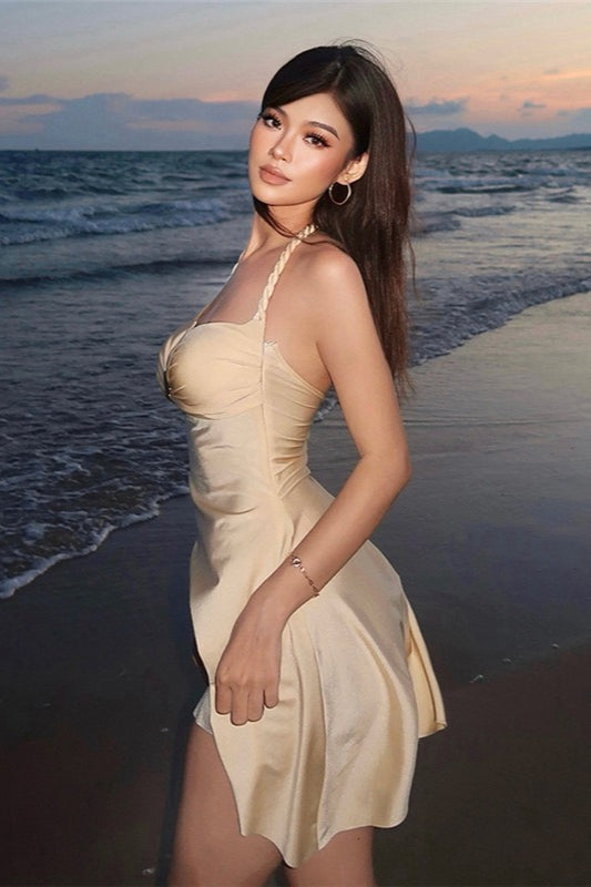 Halter Bandeau Waist Cinched Mini Dress