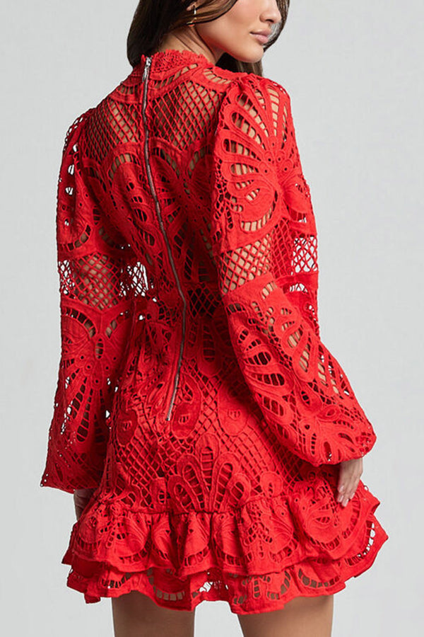 Color Hollow Long-sleeved Waisted Lace Mini Dress