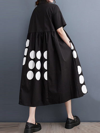 A-line Loose Buttoned Pockets Polka Dot Printed Lapel Midi Dresses