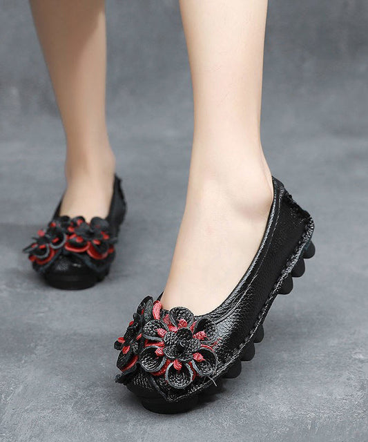 Black Cowhide Leather Splicing Flat Shoes for