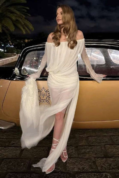 Mesh Sheer Off Shoulder Ruched Maxi Dress
