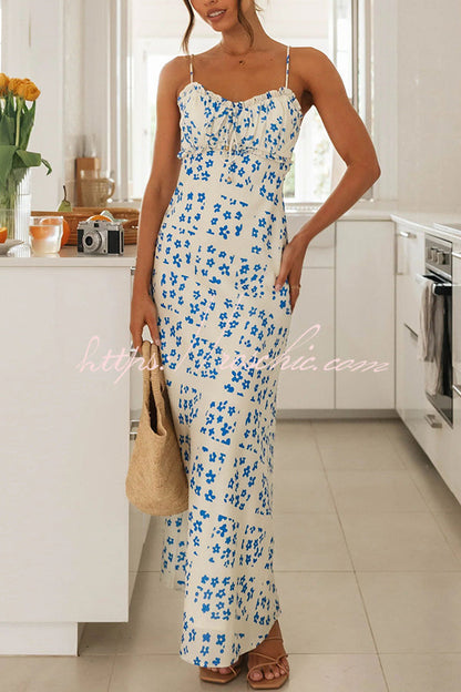 Starry Print Lace Up Pleated Patchwork Zip Back Maxi Dress