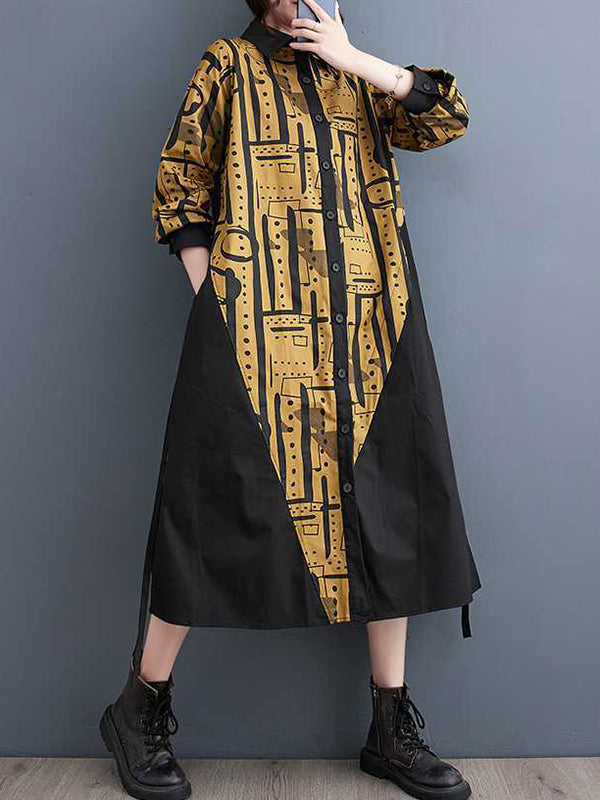 A-line Long Sleeves Asymmetric Contrast Color Printed Warp Knitting Lapel Midi Dresses Shirt Dress