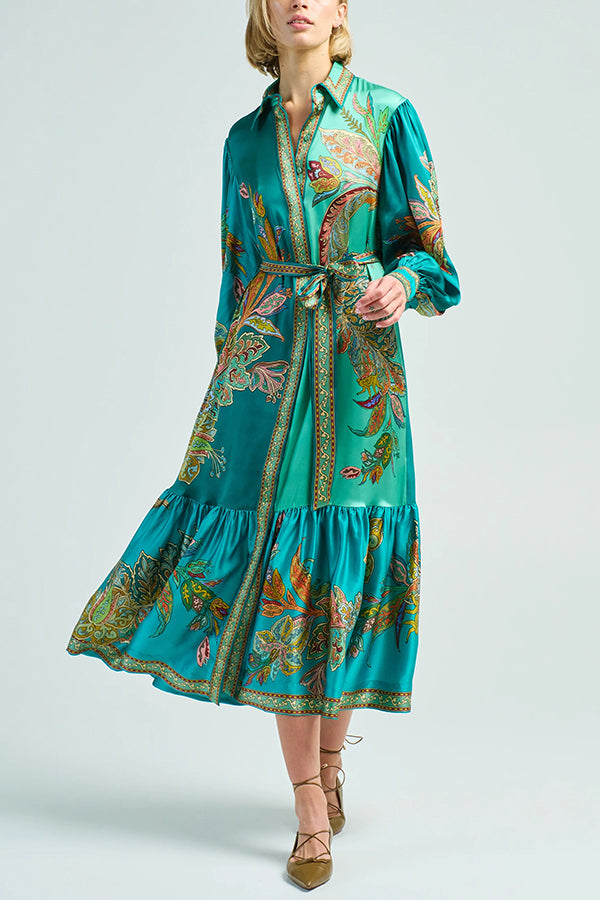Resort Style Satin Unique Printed Lapel Lantern Sleeve Lace-up Midi Dress