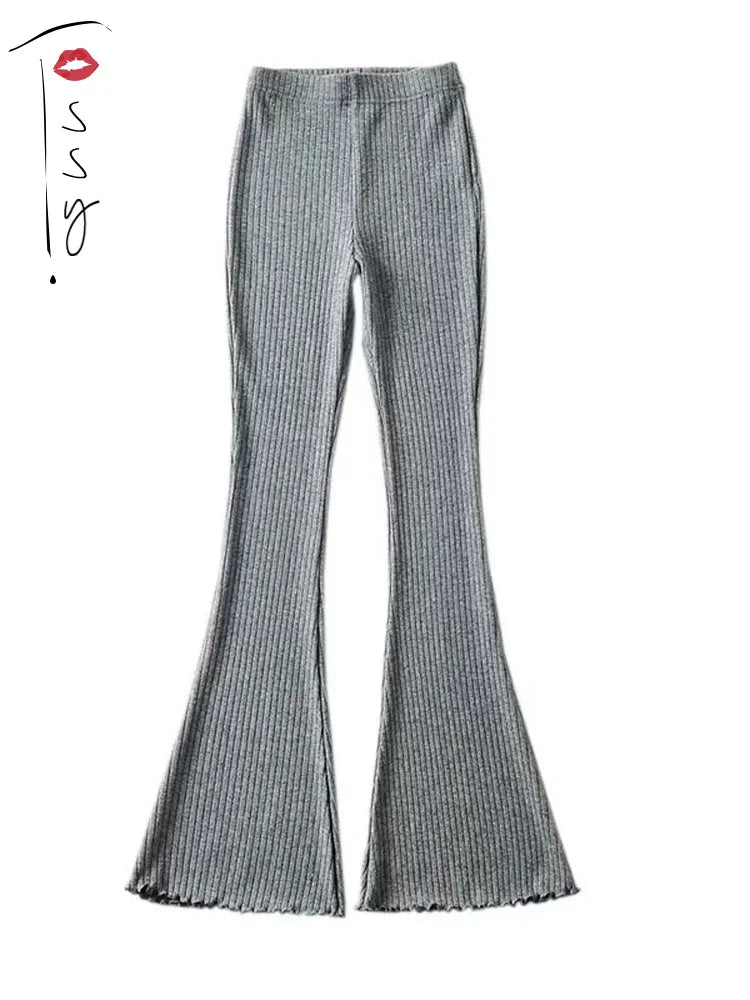 Knitted High Waist Flare Pants for Ribbed Leggings Female Stretchy Bodycon Trousers