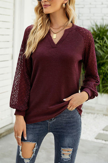 Waffle Grace Stitching Long Sleeve V-neck T-shirt Top