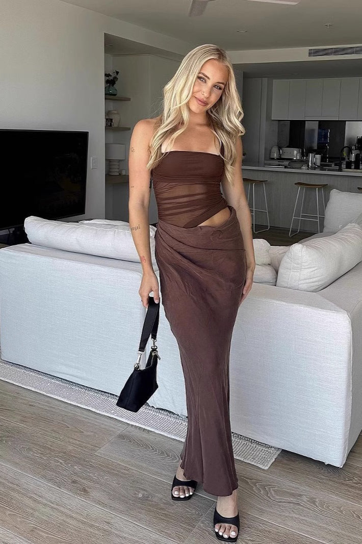 Mesh Splicing Halter Neck Ruched Side Cutout Maxi Dress