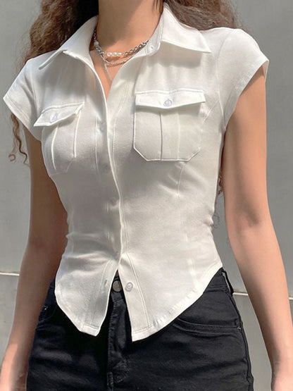 White Y2k Pocket Button Down Cropped Blouse