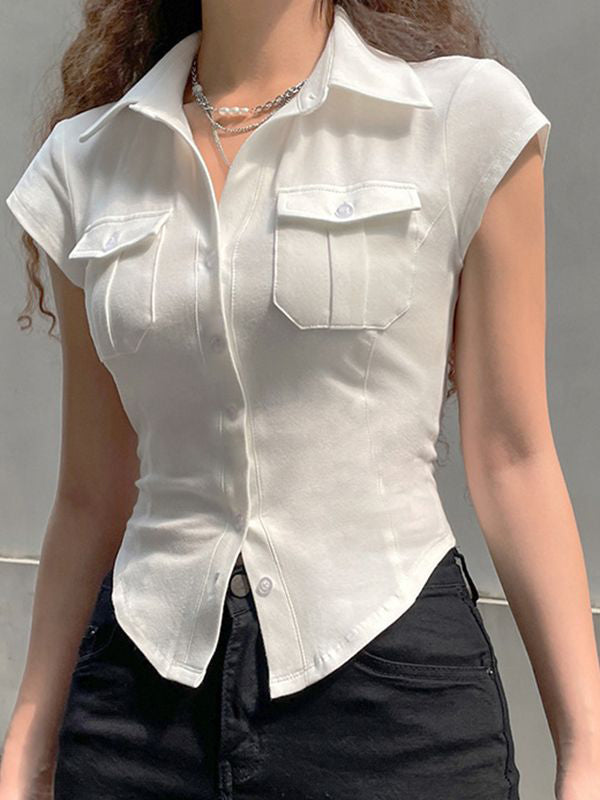 White Y2k Pocket Button Down Cropped Blouse