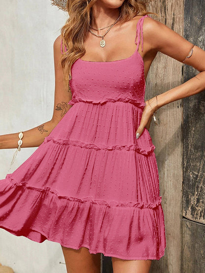 A-line Loose Jacquard Layered Pleated Color Split-joint Spaghetti-neck Mini Dresses