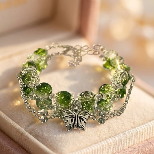 Vintage Silver Butterfly & Green Bead Bracelet