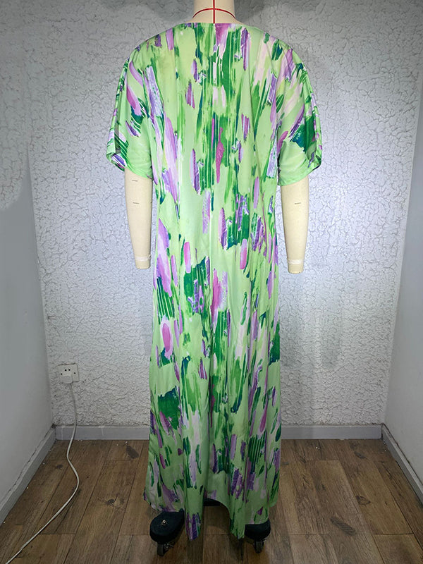 Loose Short Sleeves Multi-colored Printed V-neck Maxi Dresses