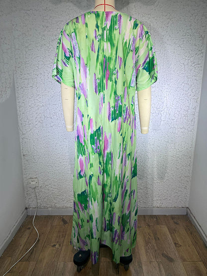 Loose Short Sleeves Multi-colored Printed V-neck Maxi Dresses