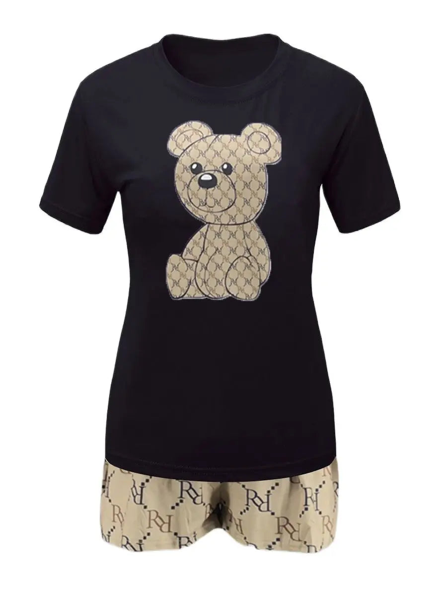 Geometric Bear Print Shorts Set O Neck Short Sleeve T-shirt Mixed Print Hipster Bottoms 2pcs /
