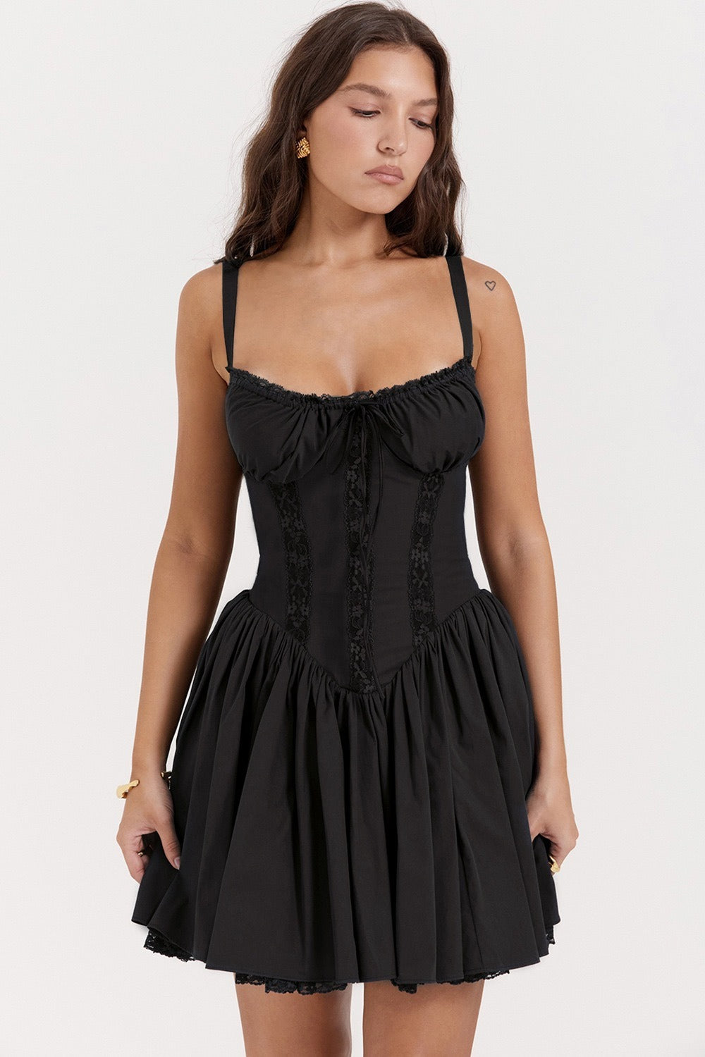 Lace Panel Spaghetti Strap Waist-cinched Mini Dress