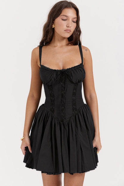Lace Panel Spaghetti Strap Waist-cinched Mini Dress