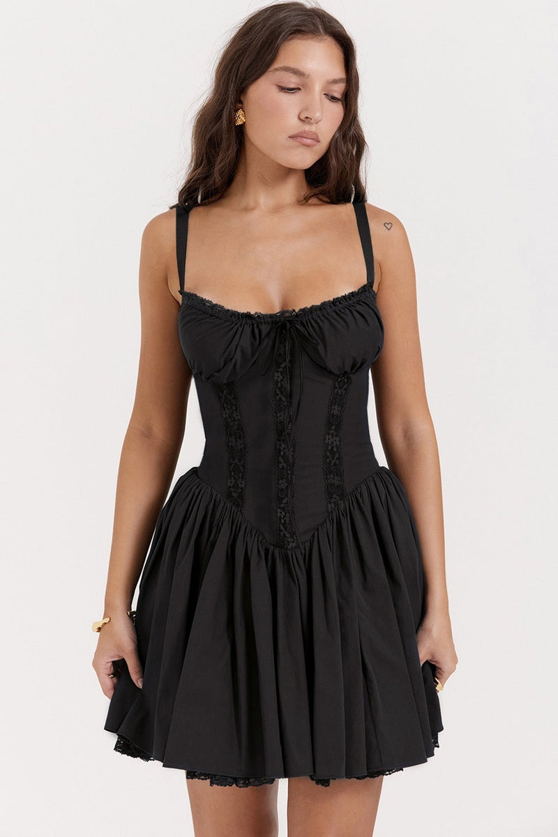 Lace Panel Spaghetti Strap Waist-cinched Mini Dress