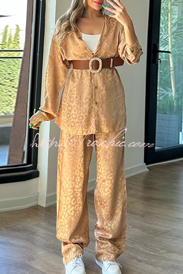 Leopard Print Jacquard Long Sleeved Shirt With Elastic Waist and Pant Two Piece Set