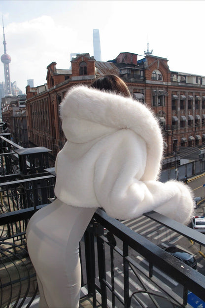 Color Plush Warm Short Hooded Coat
