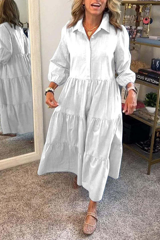 Color Lapel Elastic Cuffs Loose Maxi Dress