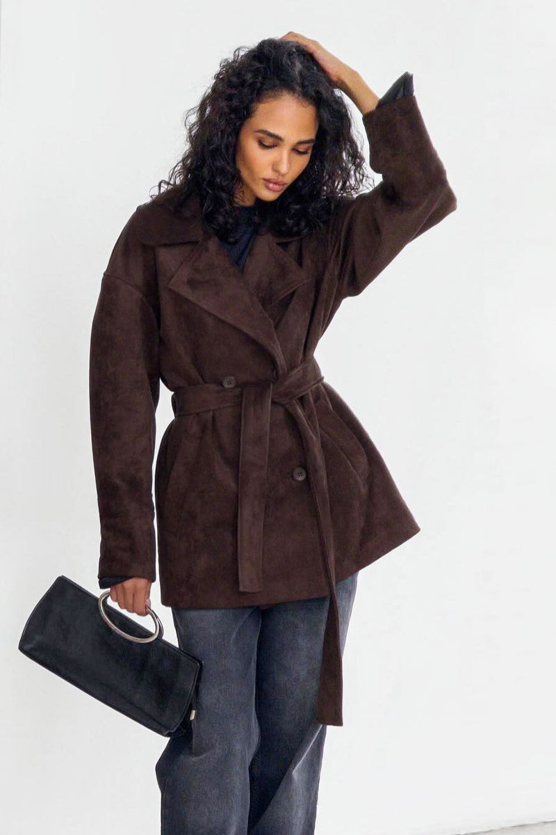 Brown Suede Tie Waist Overcoat