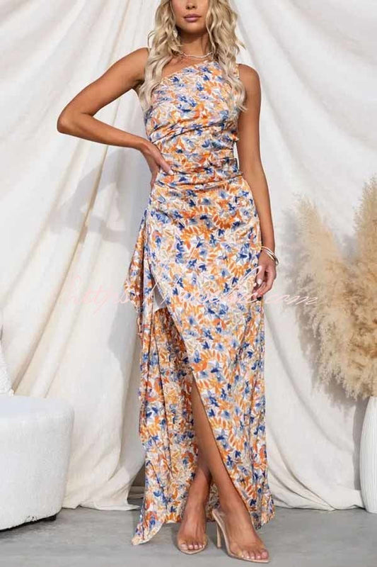 Intense Love One Shoulder Asymmetrical Ruffle Trim Maxi Dress