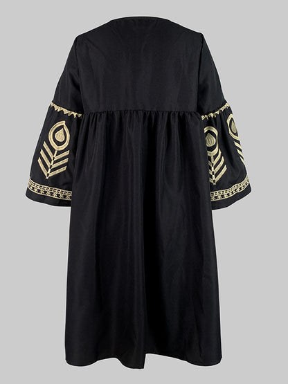 Flared Sleeves Loose Embroidered Split-joint Deep V-neck Mini Dresses
