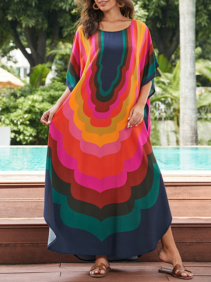 Batwing Sleeves Loose Contrast Color Printed Sun Protection Round-neck Maxi Dresses