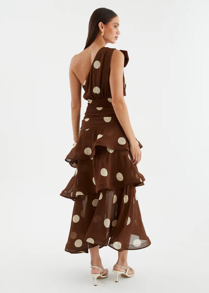 Polka Dot One-shoulder Ruffle Maxi Dress