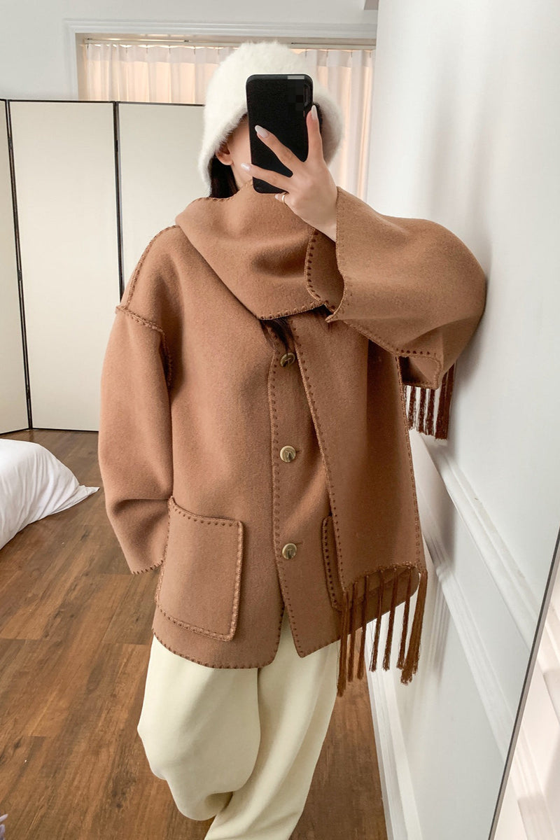Scarf Collar Tassel Wool Embroidered Coat