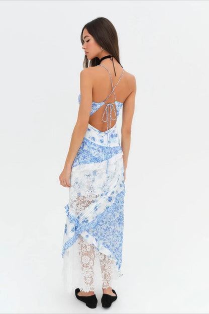 Deep V Ruffle Lace Patchwork Cami Maxi Dress