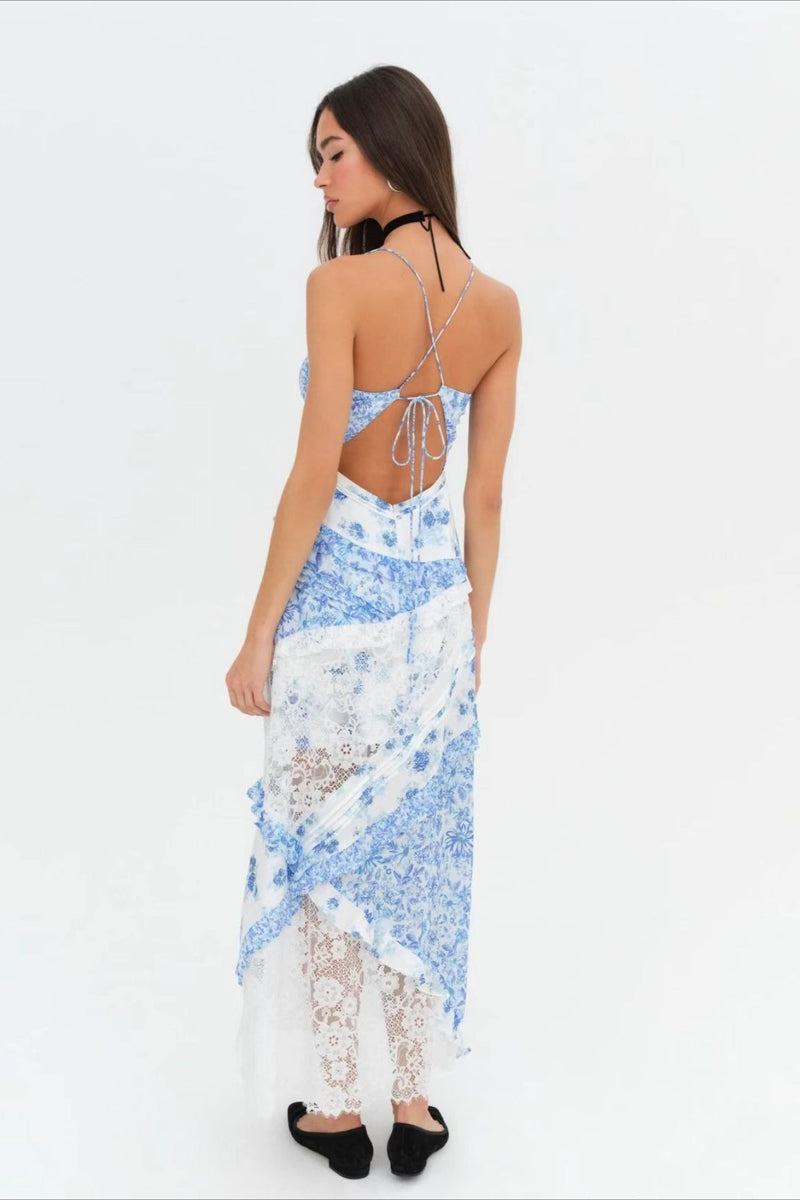 Deep V Ruffle Lace Patchwork Cami Maxi Dress