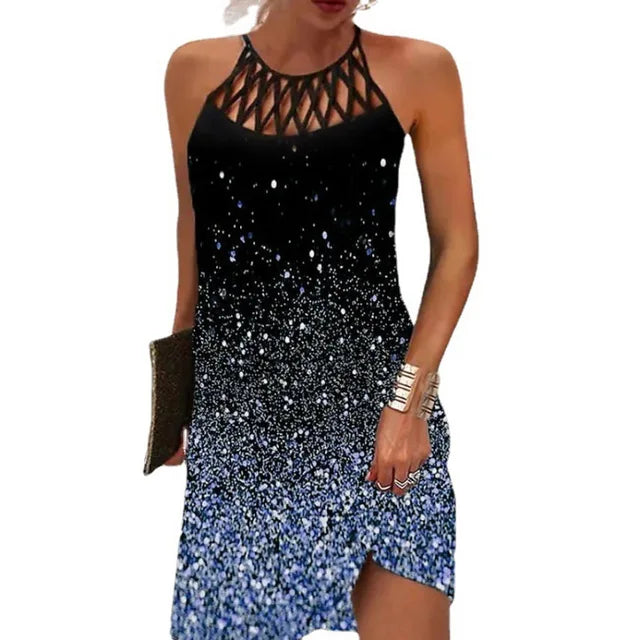Print Halter Neck Mini Dresses Summer New Hollow Out O Neck Sleeveless Dress Lady Commuting Short Vestidos