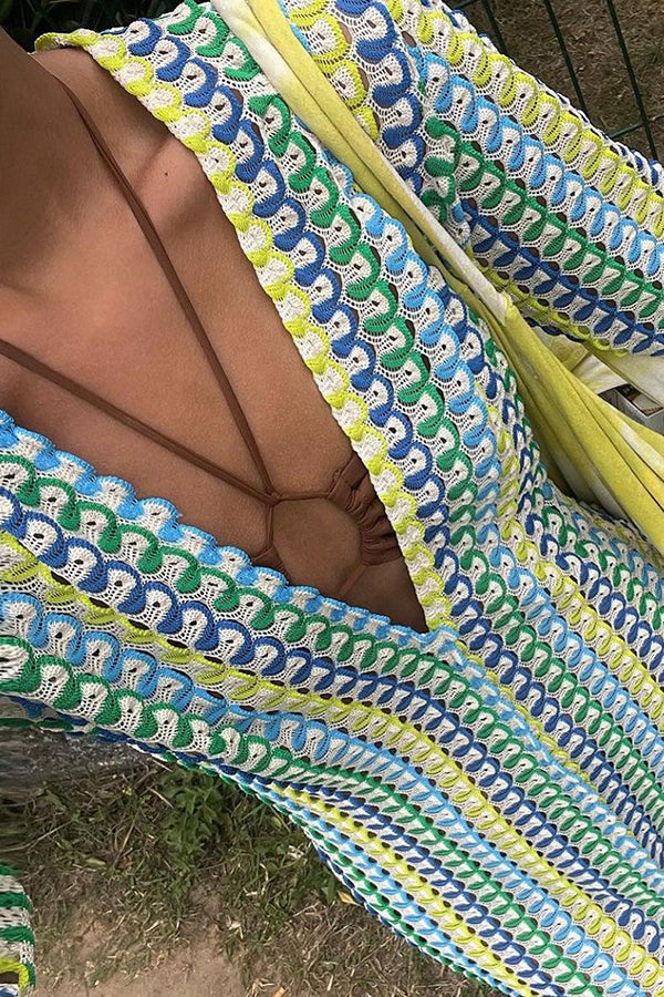 Cardigan Beach Knitted Colorful Wave Print Long Sleeved Vacation Dress