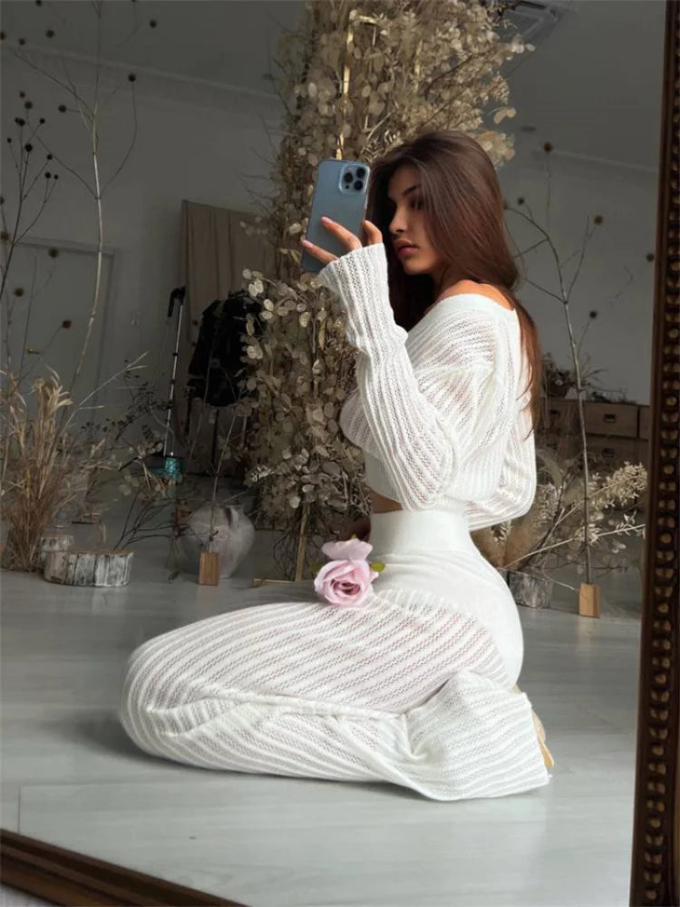 Knitted Sweater Outfits Buttons See-through Long Sleeve High Waist Knit Two Piece Trousers Outfits