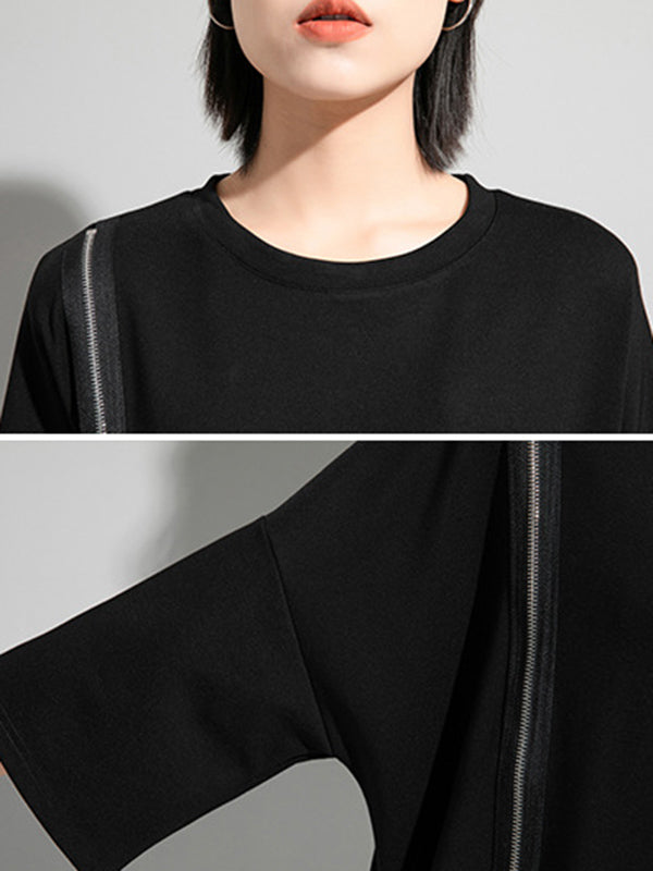 Original Black Zipper Batwing Sleeve Round-neck Mini Dress