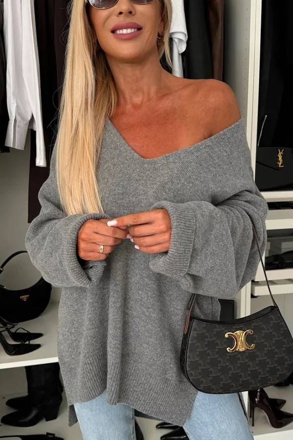 Cold Weather Knit Color Long Sleeve V-neck Irregular Relaxed Sweater